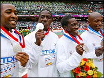 Dwain Chambers with his British relay team-mates at the 2003 World Championships